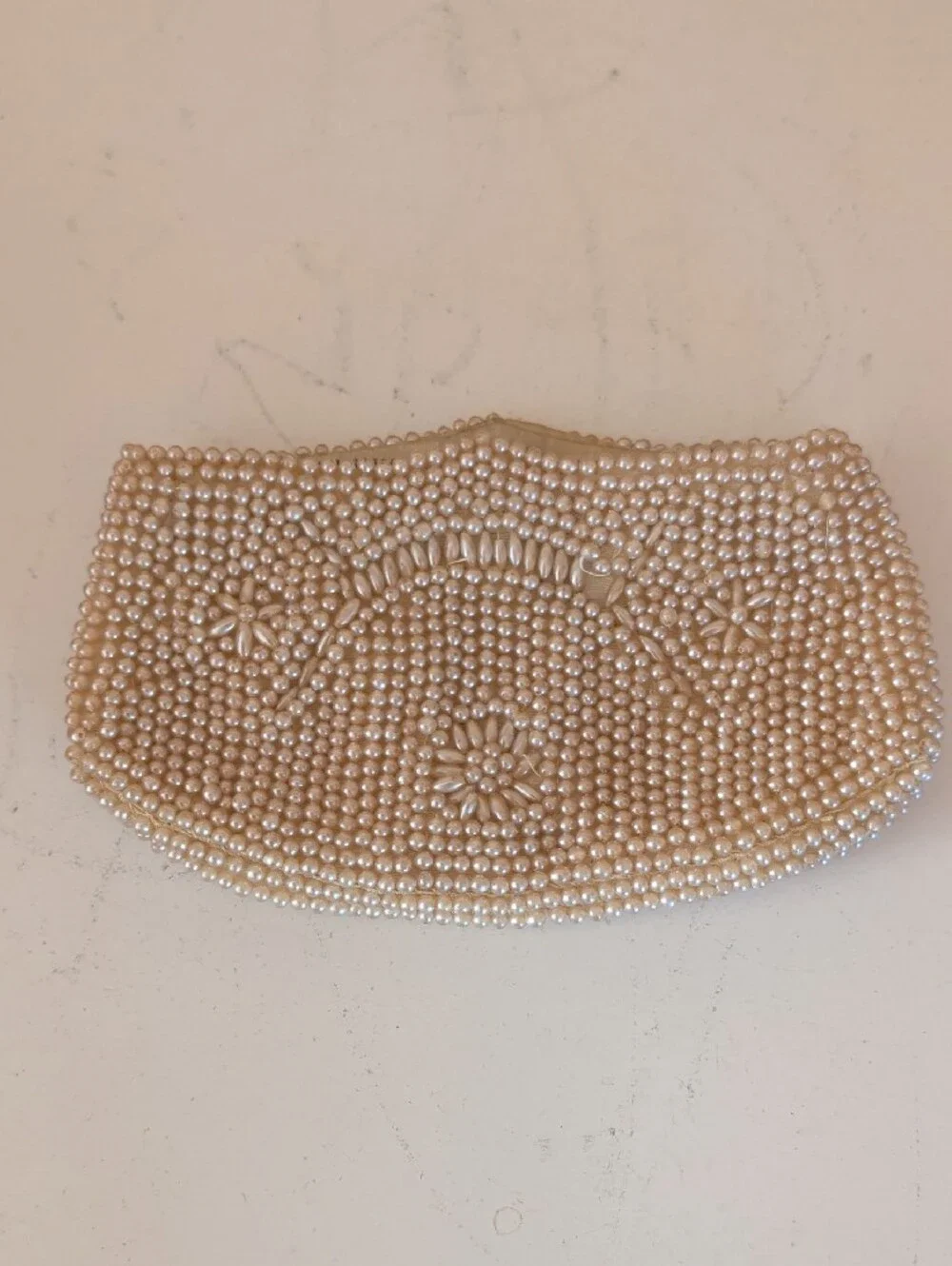 VTG. Faux Pearl Beaded Clutch Bag - Elegant Cream Evening Purse. Made In Japan
